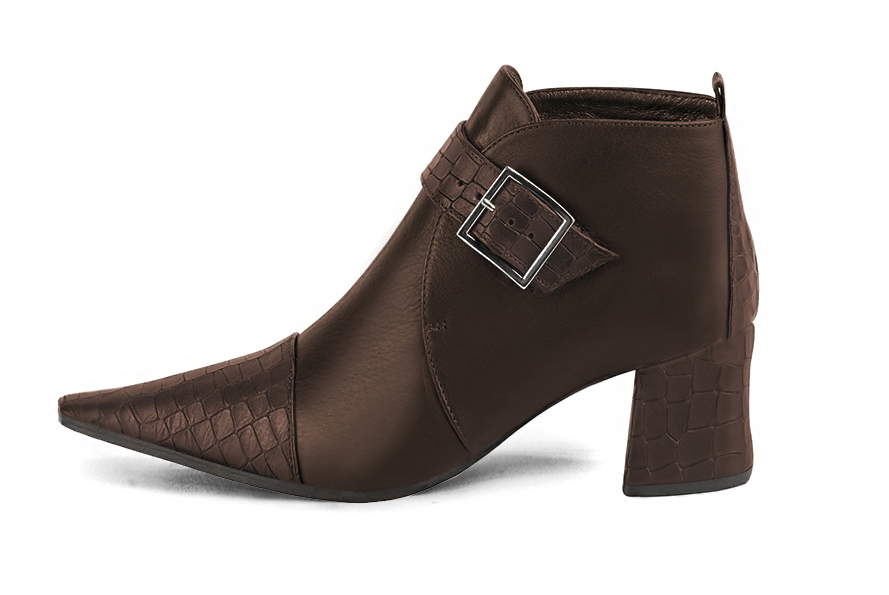 Dark brown women's ankle boots with buckles at the front. Tapered toe. Medium block heels. Profile view - Florence KOOIJMAN